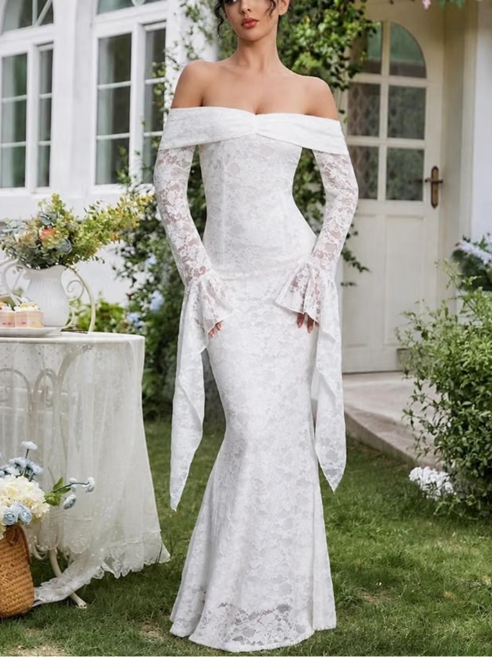 Off-Shoulder White Lace wedding Dress